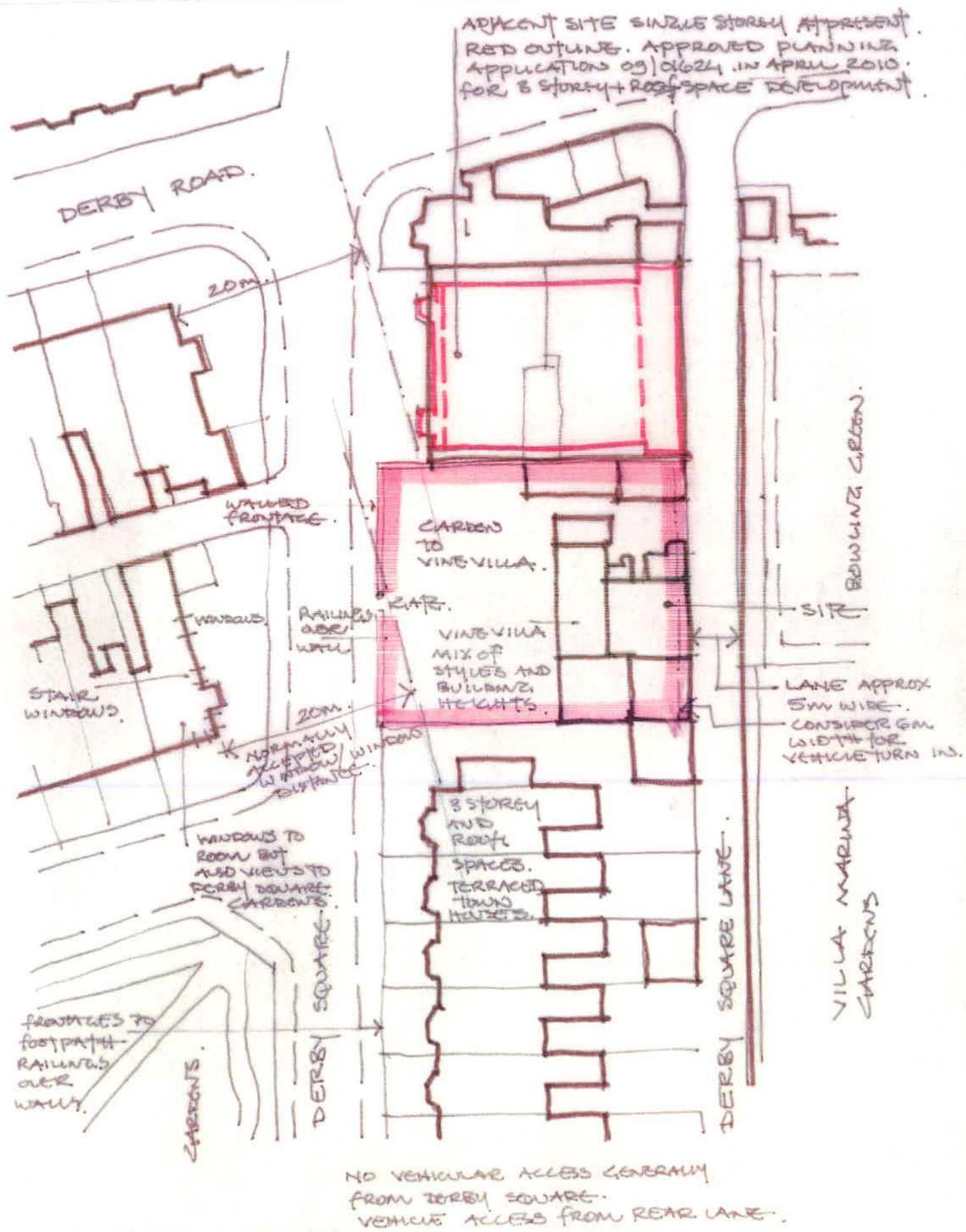 Hand-drawn site plan sketch showing the proposed site outlined in red, with handwritten notes detailing surrounding buildings and access routes.