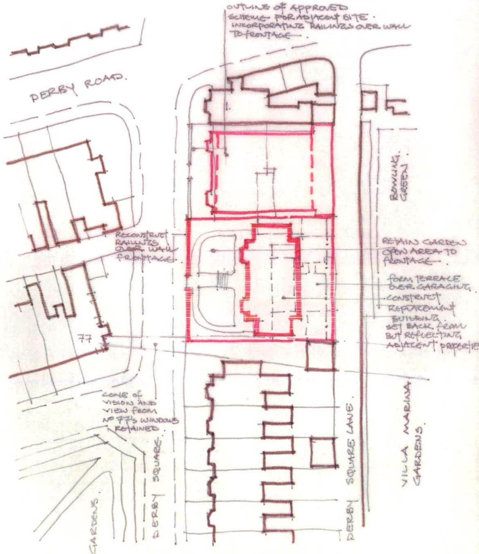 A hand-drawn site plan sketch showing a proposed building footprint outlined in red, situated between Derby Road and Villa Marina Gardens with annotations regarding railings and building replacement.