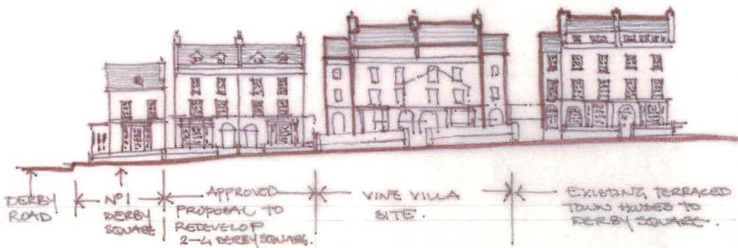 A hand-drawn architectural sketch depicting a street elevation of terraced townhouses and a proposed redevelopment site along Derby Road.