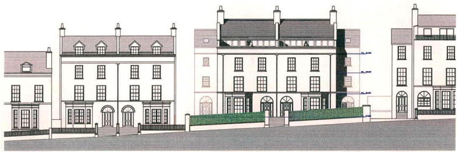 An architectural elevation drawing depicting a row of proposed residential buildings with classical facades, chimneys, and sash windows.