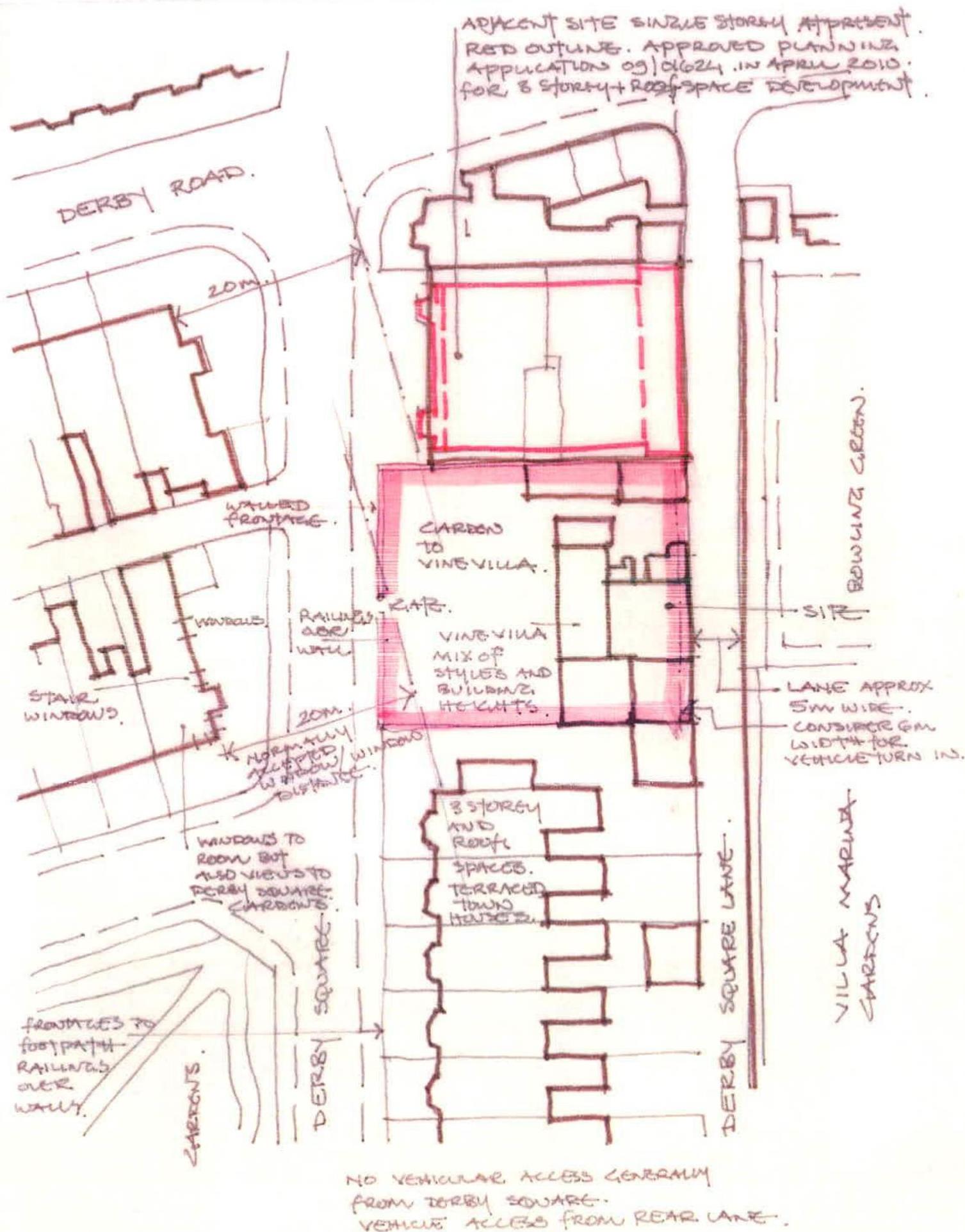 A hand-drawn architectural sketch showing a site plan with red highlighted boundaries and annotations regarding building heights and access.