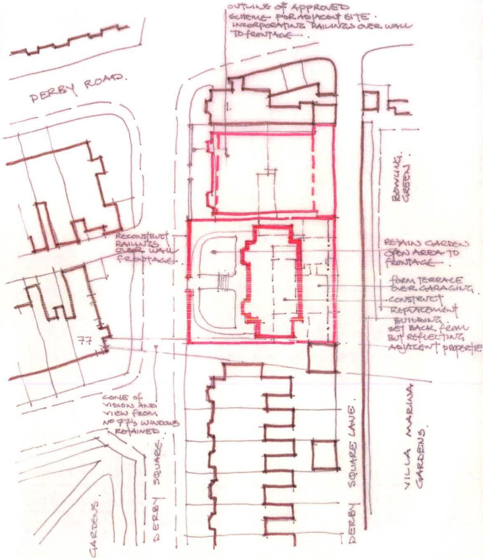 A hand-drawn sketch plan showing the proposed development site outlined in red, situated between Derby Road and Villa Marina Gardens with annotations on retaining gardens and constructing replacement buildings.