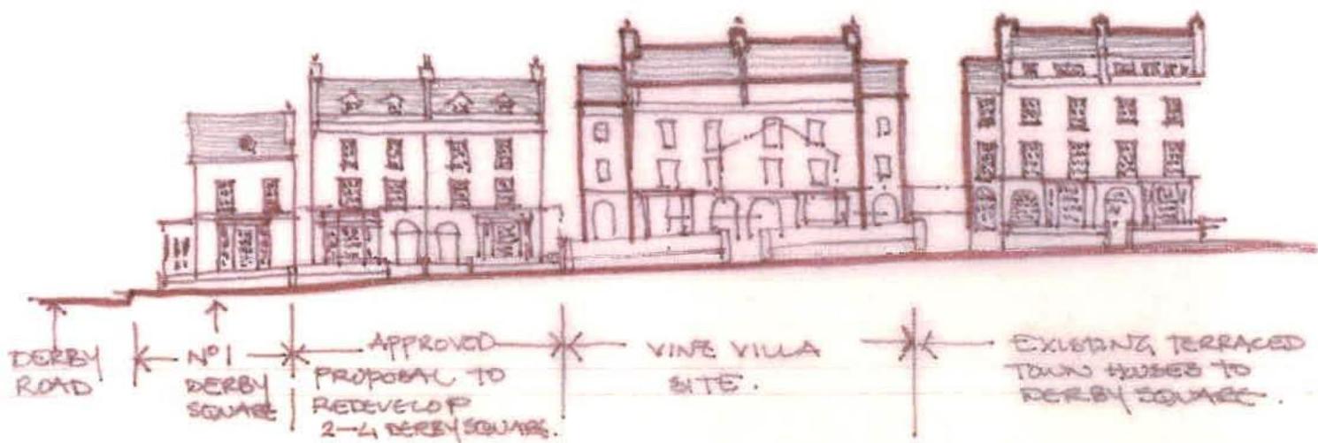 A hand-drawn architectural sketch illustrating a street elevation of Derby Square, highlighting the approved proposal to redevelop 2-4 Derby Square alongside existing terraced town houses.