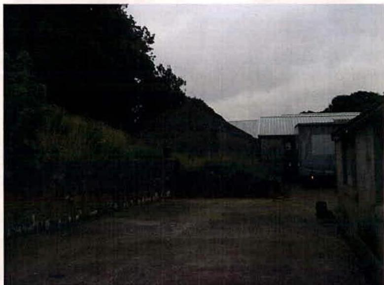 A grainy, low-light photograph showing a paved yard area bordered by a steep, grassy bank on the left and simple outbuildings with corrugated roofs on the right.