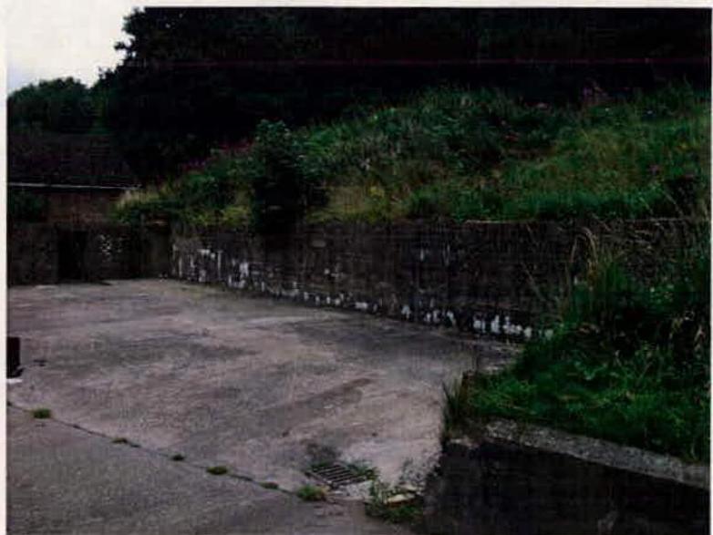A photograph showing a paved industrial yard area bordered by a stone retaining wall and overgrown vegetation, likely depicting the site proposed for demolition.