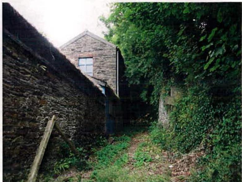 A photograph showing a narrow, overgrown passage between stone walls and an existing building.