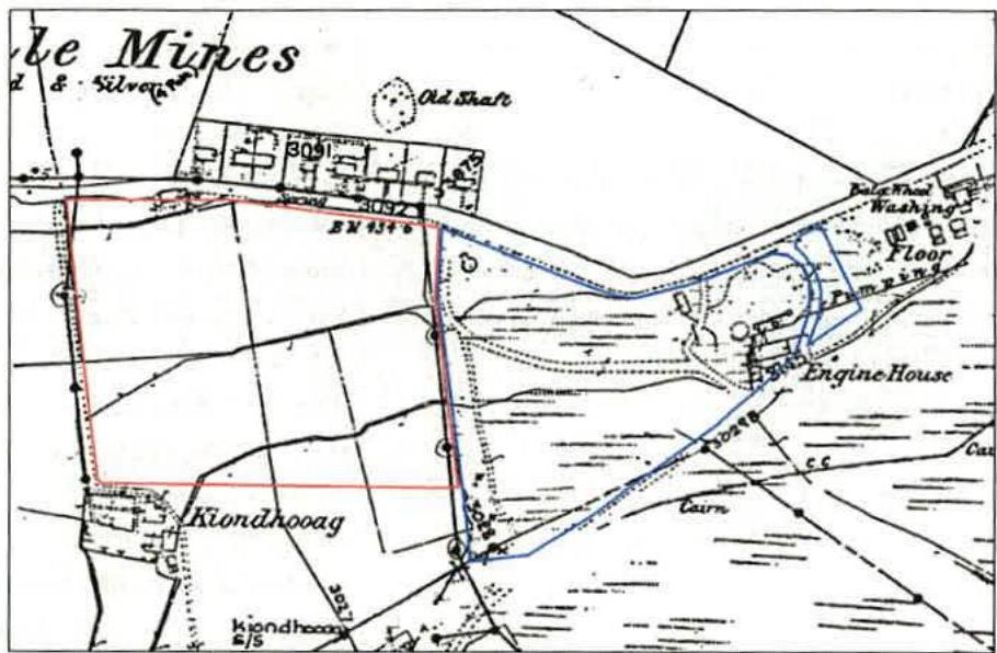 A historical site plan showing land boundaries, field divisions, and old mining structures like an engine house and shaft.