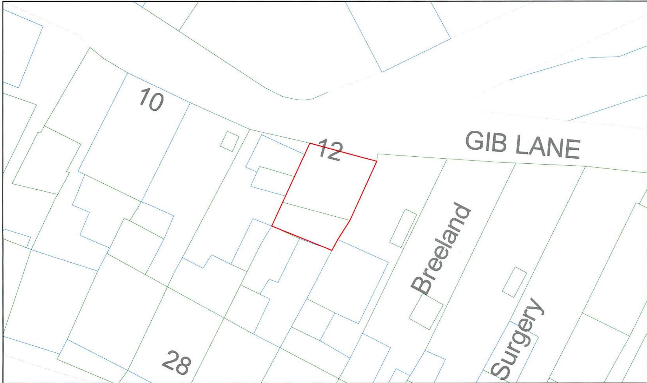 A site plan showing property boundaries and street names, with property number 12 highlighted in red.