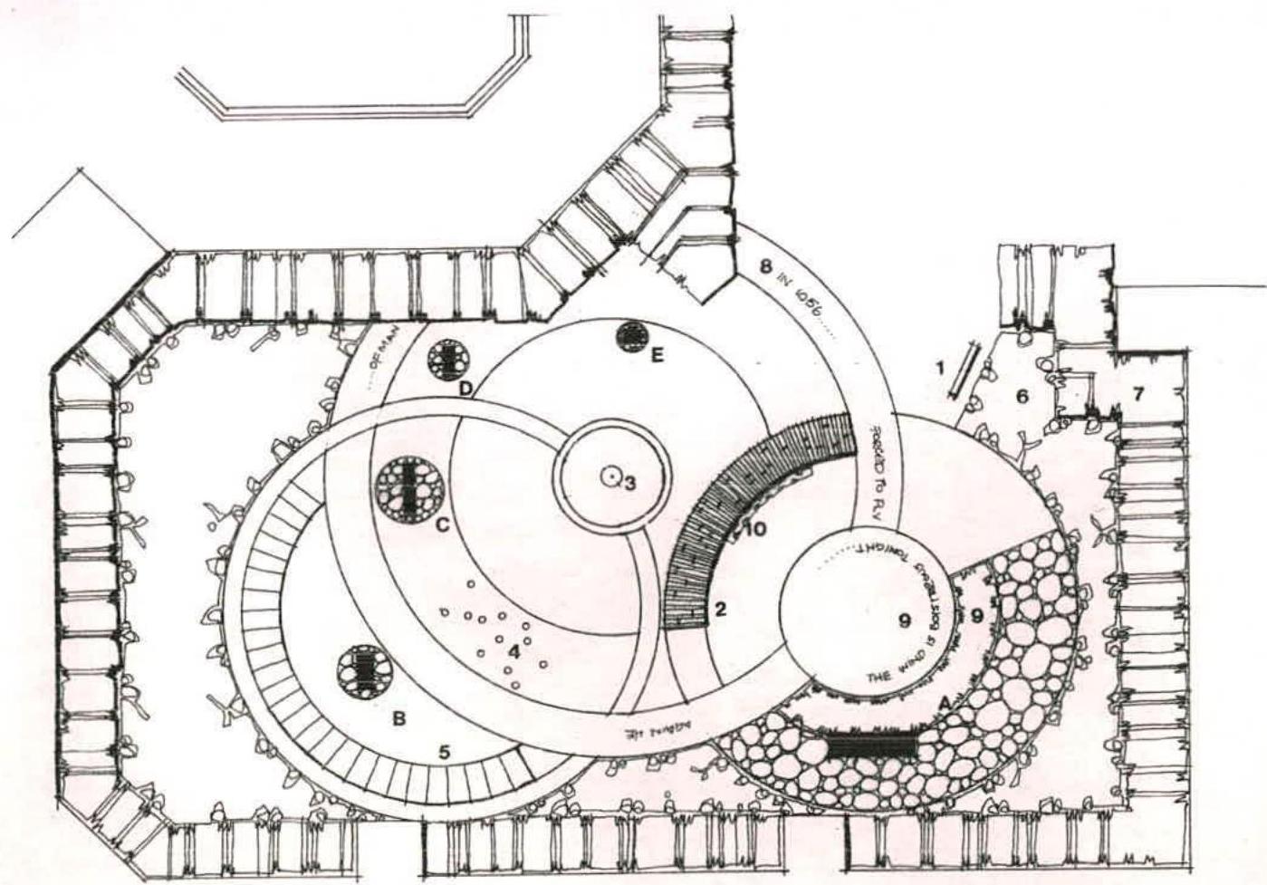 A detailed hand-drawn landscape plan showing garden layout, curved paths, and planting areas with numbered annotations and text labels.