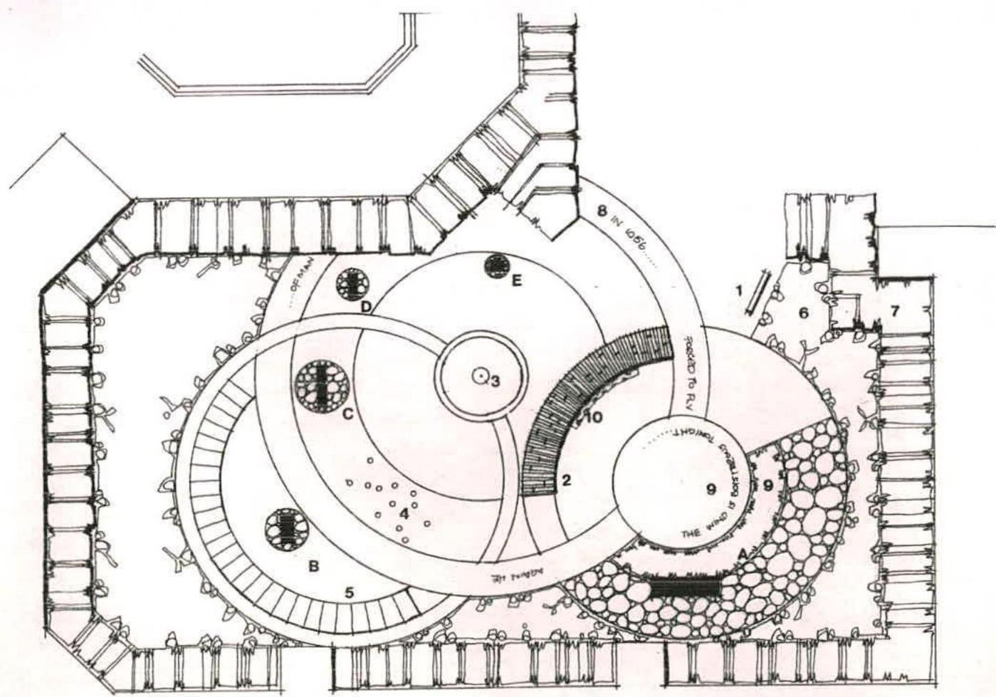A hand-drawn landscape plan illustrating the layout of a garden with curved paths, circular features, and planting areas.