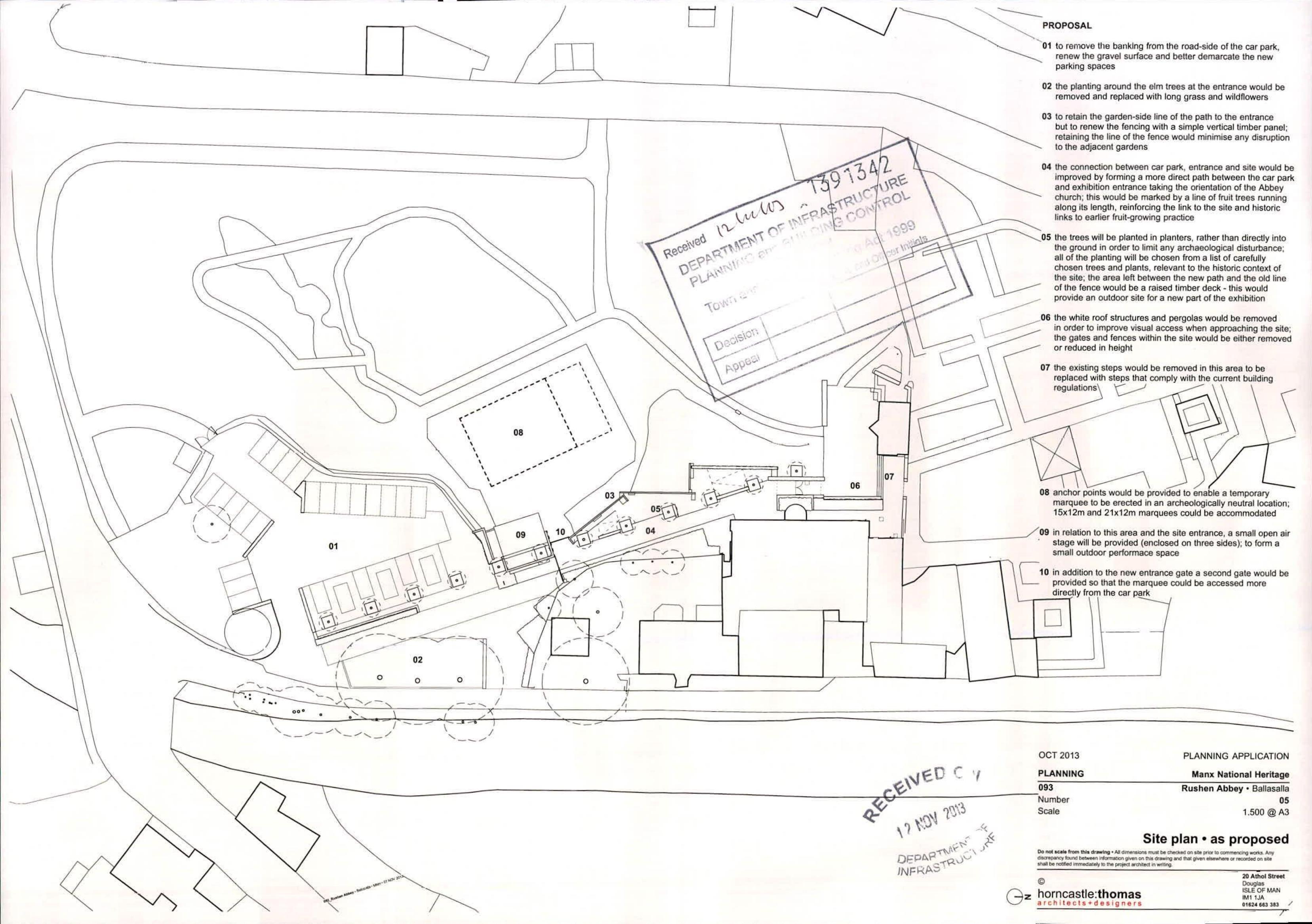 A black and white site plan titled 'Site plan • as proposed' showing layout changes for parking, access paths, and landscaping at Rushen Abbey, accompanied by a numbered list of proposal details.