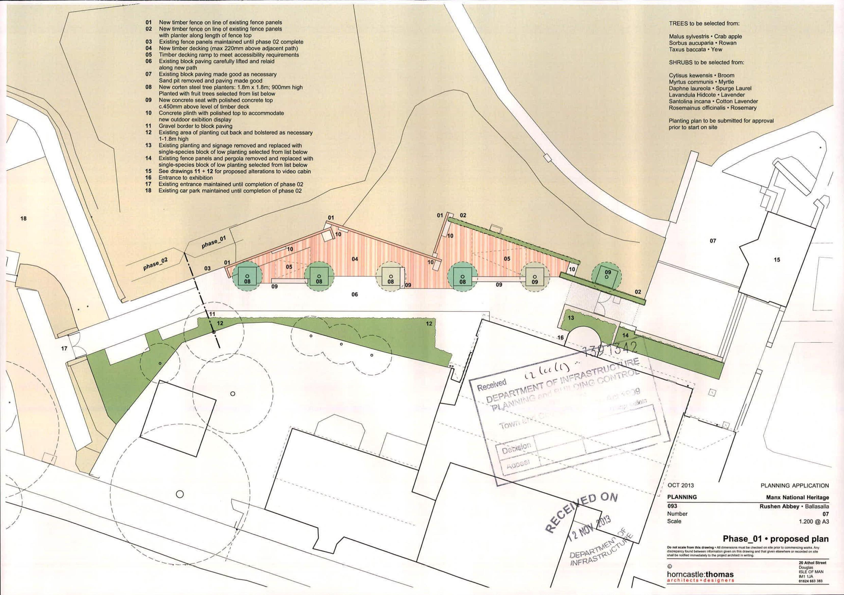 A detailed landscape and site plan showing proposed alterations including fencing, decking, paving, and planting areas with a numbered legend.