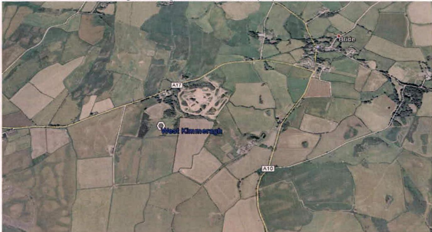 An aerial location map showing the proposed site marked with a white circle near West Kimmeragh, with surrounding fields and roads like the A17 and A10 visible.