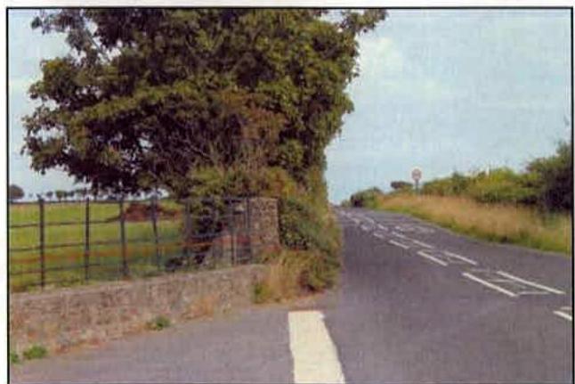 A photograph showing a rural road scene with a stone wall, metal gate, and large tree on the left, leading into a green field.