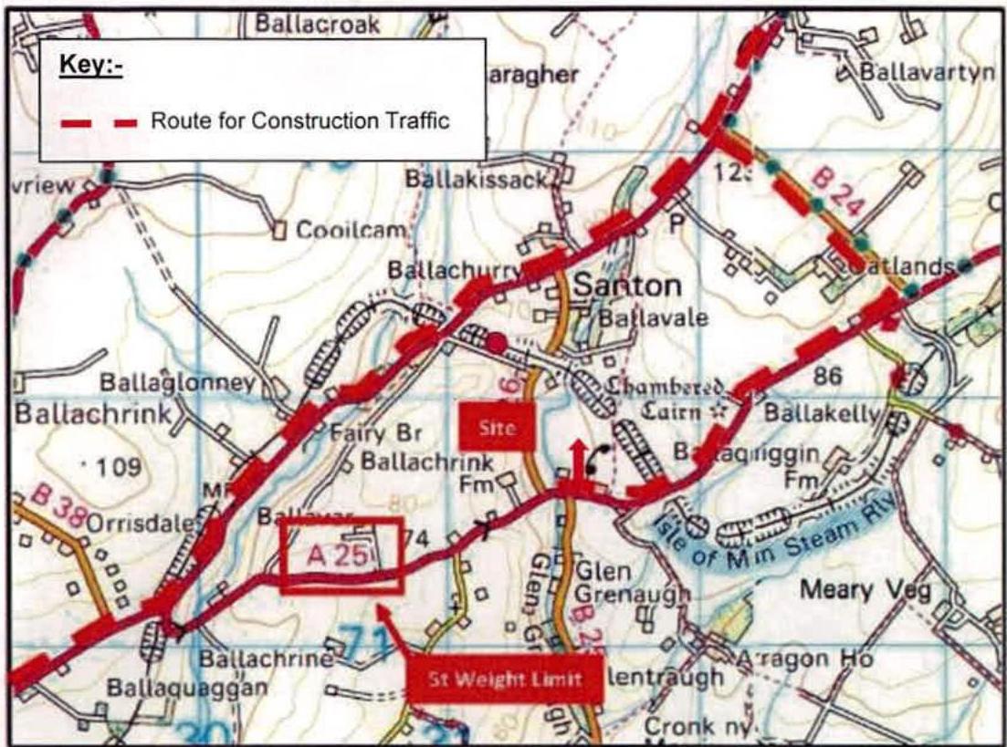 This image shows a location map with a red dashed line indicating the 'Route for Construction Traffic' leading to a designated 'Site' near Santon.