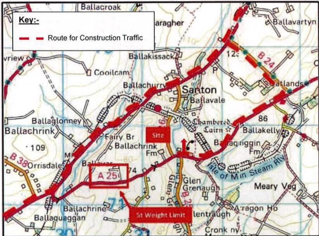 The image displays a location map for a planning application in Santon, highlighting the site location and a designated route for construction traffic.