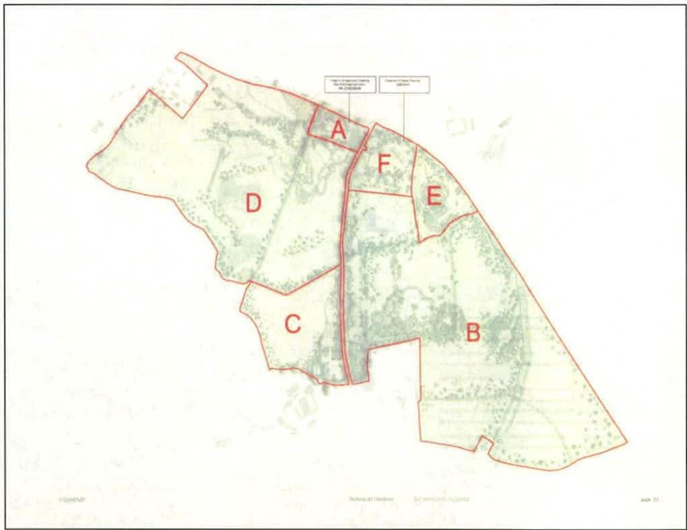The image displays a site plan or location map with red boundary lines dividing the land into sections labeled A through F. The background appears to be an aerial view or topographical map showing vegetation and terra...