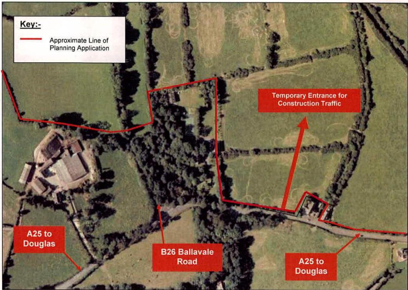 An aerial site plan showing the application boundary, nearby roads like B26 Ballavale Road, and a temporary construction entrance.