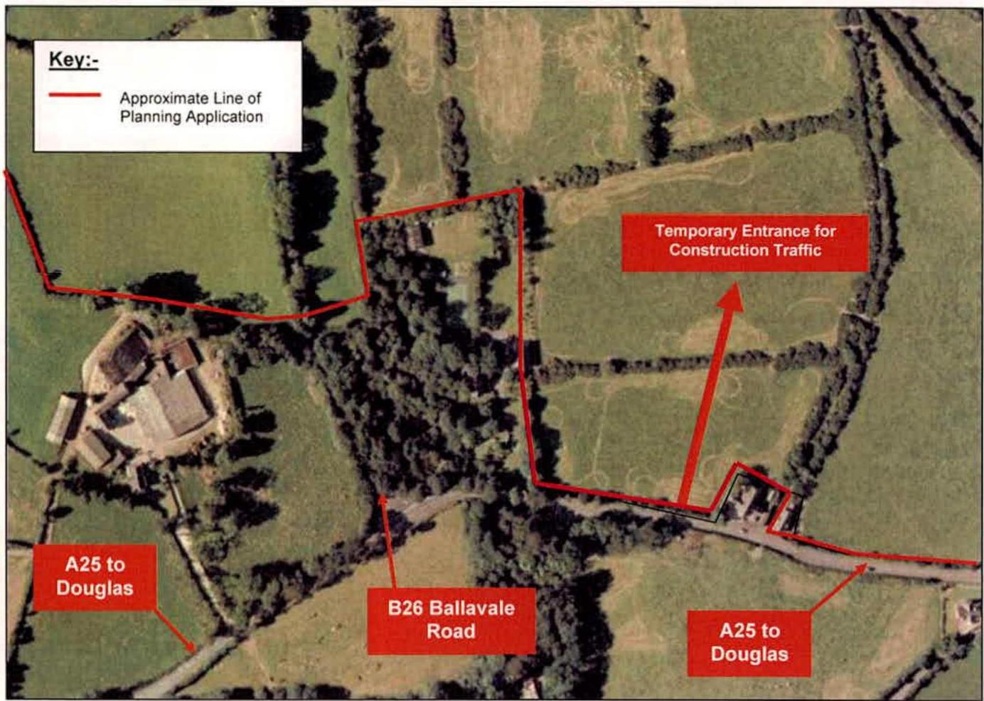 An aerial site plan showing the proposed development area outlined in red, with labels indicating road access and nearby locations.