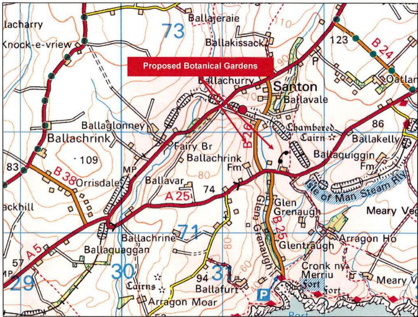 A topographical map showing the location of the proposed development near Santon, highlighting roads and surrounding rural area.