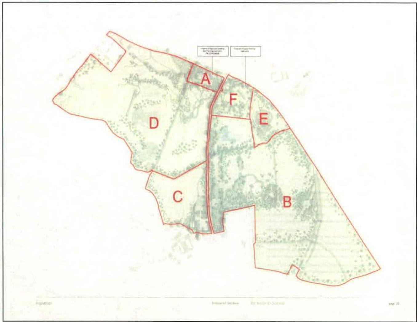 A site plan displaying land parcels labeled A through F with red boundary lines overlaid on a faint aerial or topographical background.