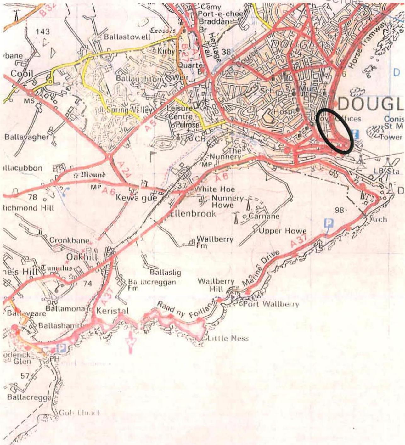 A topographical location map showing the town of Douglas and the surrounding coastal area, with a black circle highlighting the specific site near the promenade.