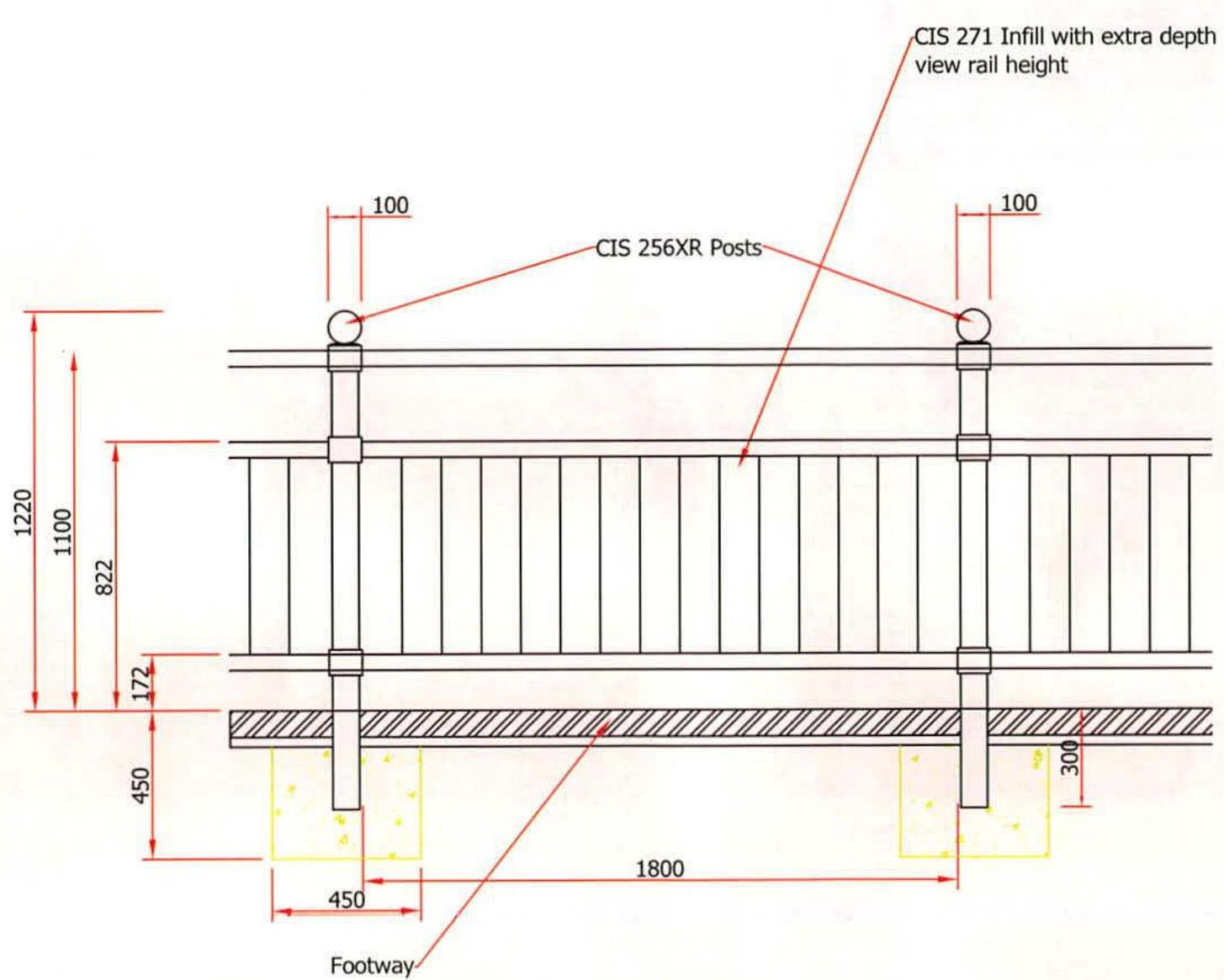 Technical cross-section drawing detailing a railing system with dimensions for posts and infill height.