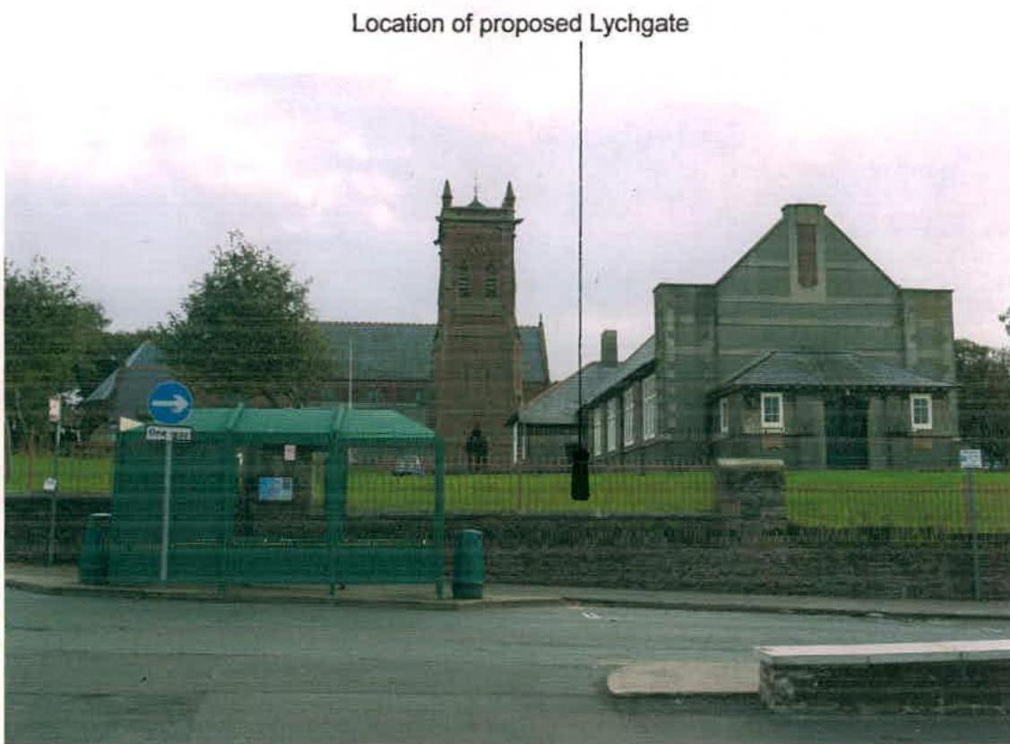 A photograph of the street scene showing an existing green bus shelter and the cathedral in the background, annotated with a line indicating the proposed location for a lychgate.