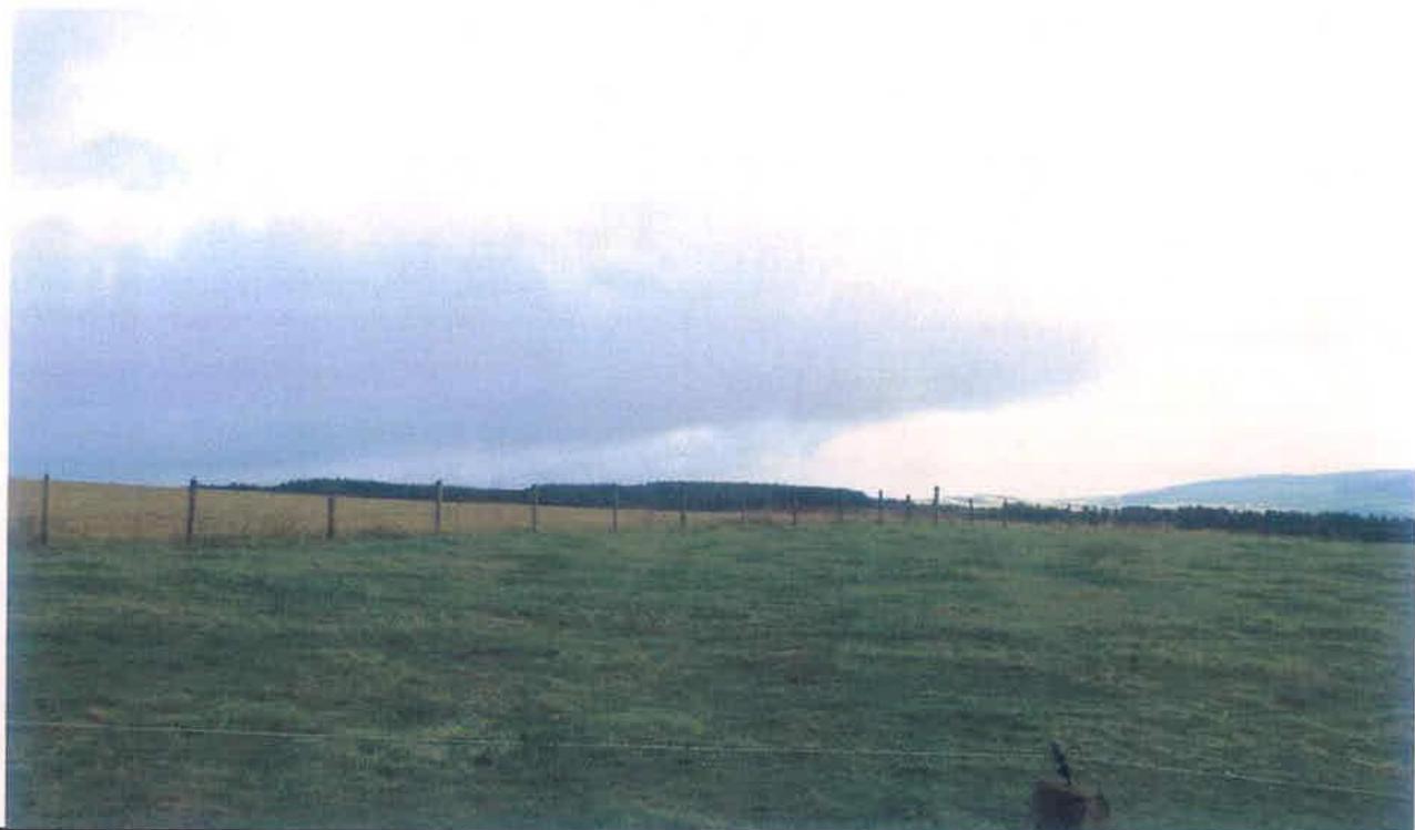 A photograph of a rural landscape featuring a grassy field in the foreground, a wooden post fence, and a crop field in the background with hills.