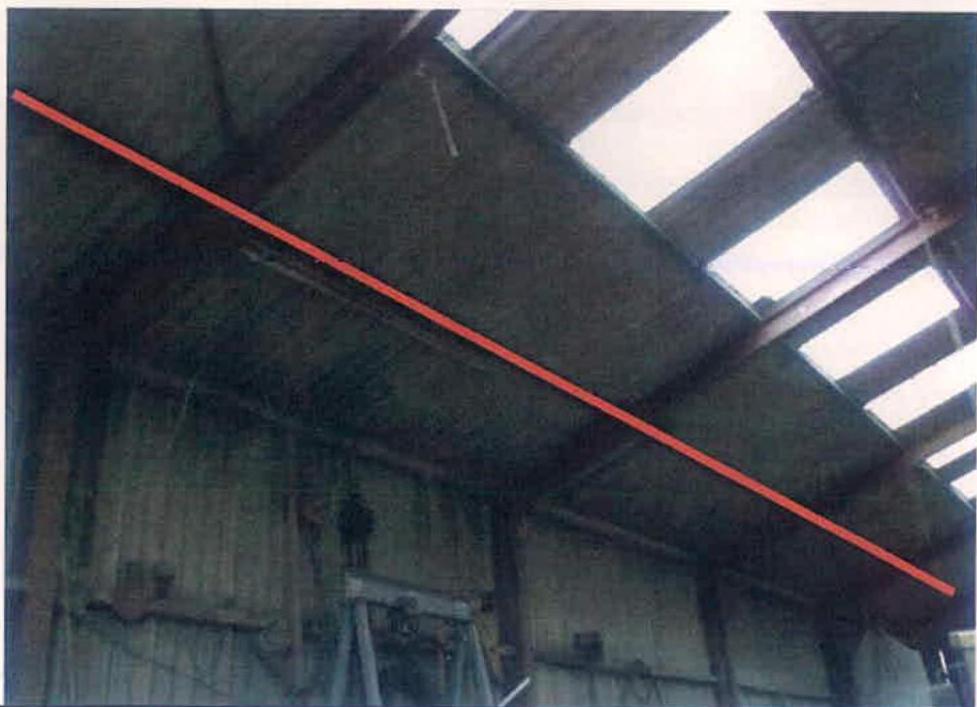 A photograph showing the interior roof structure of a large agricultural building with skylights and a red line drawn across the frame.