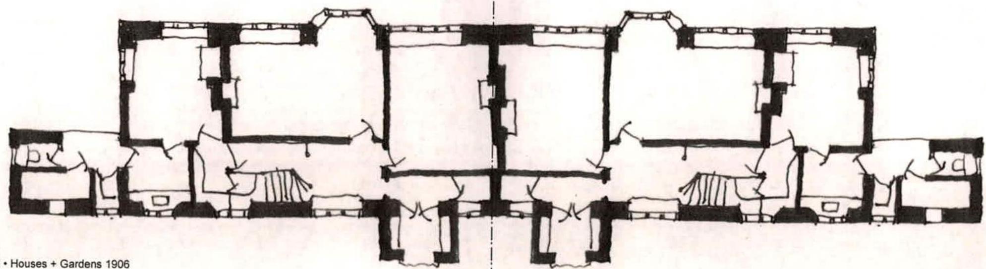 This image shows a black and white architectural floor plan depicting the internal layout of a building with multiple rooms, doors, and staircases.