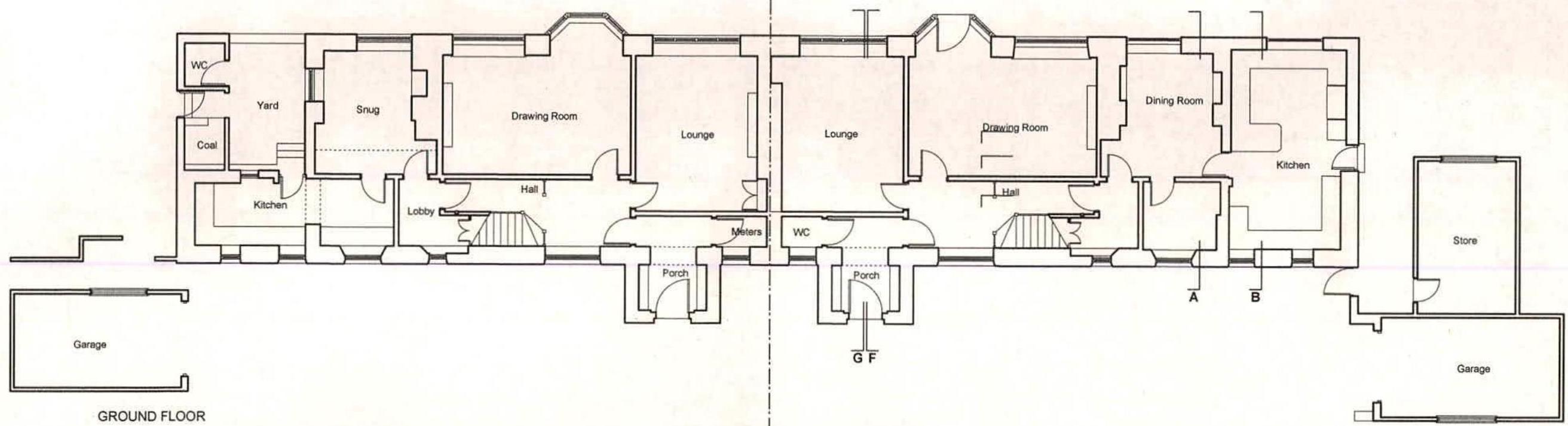 This image displays a ground floor architectural plan of a large residential property, featuring multiple living areas like lounges and drawing rooms, alongside attached garages.