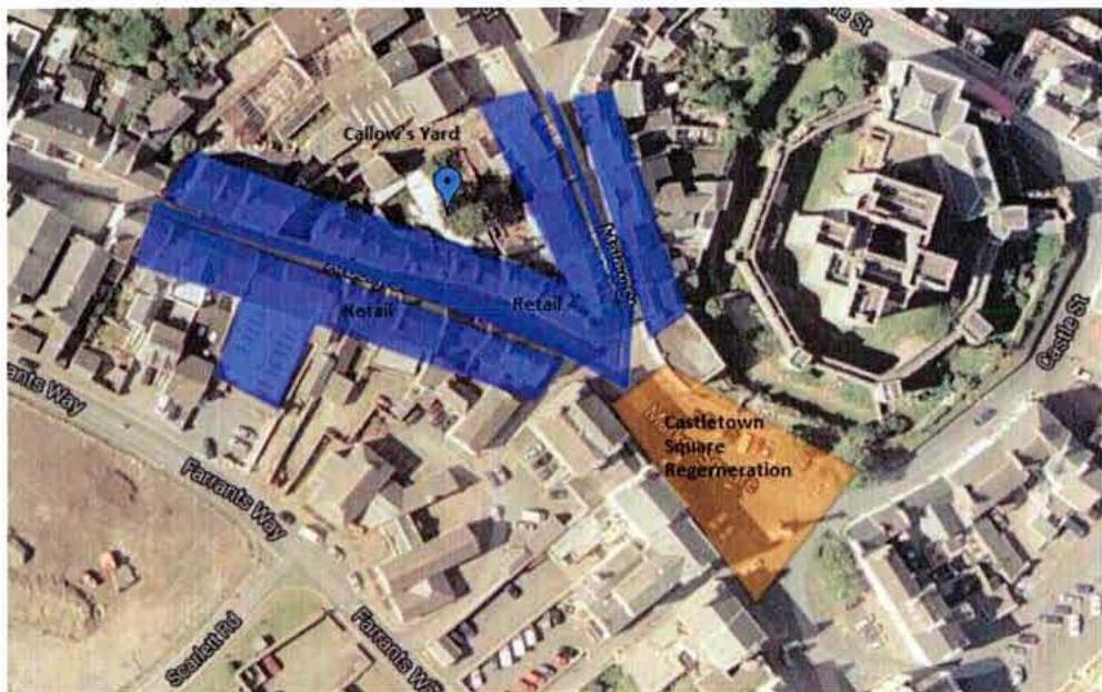 An aerial site plan showing the application area highlighted in blue near Callow's Yard and the wider Castletown Square regeneration zone in orange.