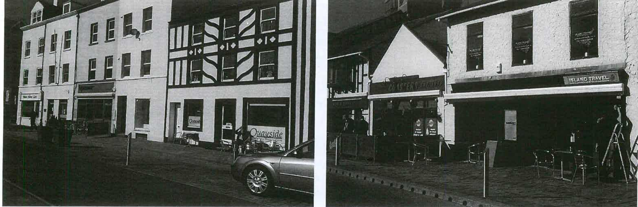 The image displays a black and white composite of street-level photographs showing commercial properties, including a timber-framed building and a shop with an outdoor seating area.