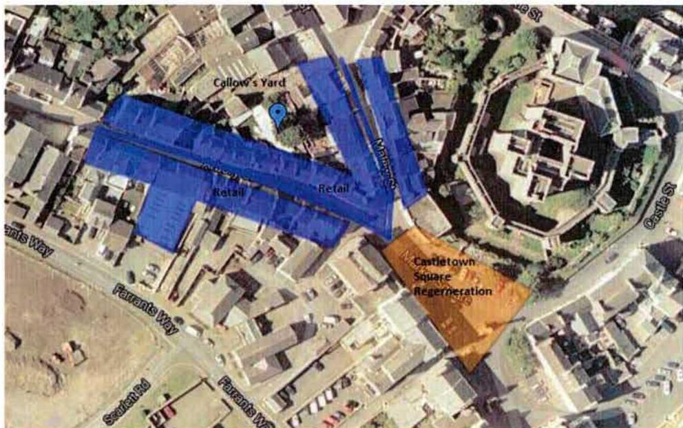 An aerial site plan showing the application area highlighted in blue near Castletown Castle and Main Street, with surrounding streets labeled.