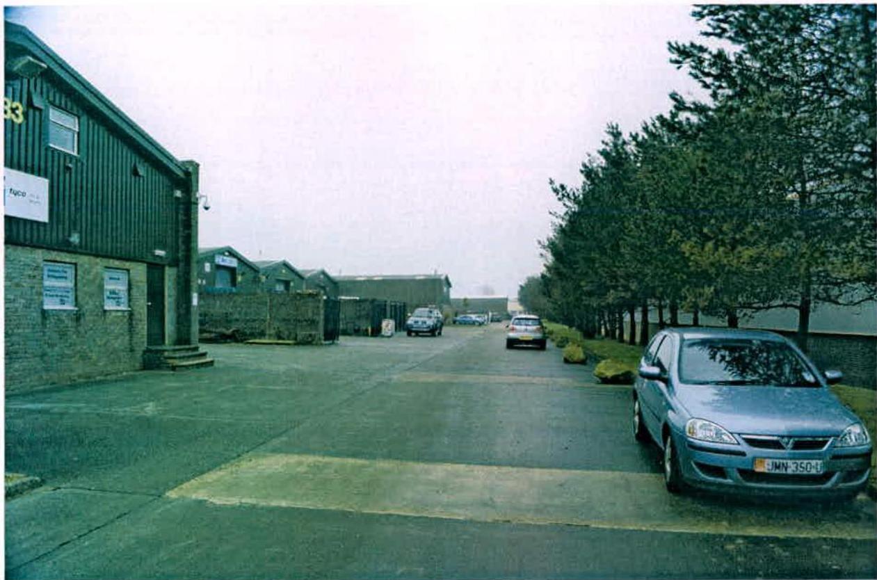 A street-level photograph of an industrial estate showing green warehouse units on the left and a row of trees on the right with cars parked along the road.