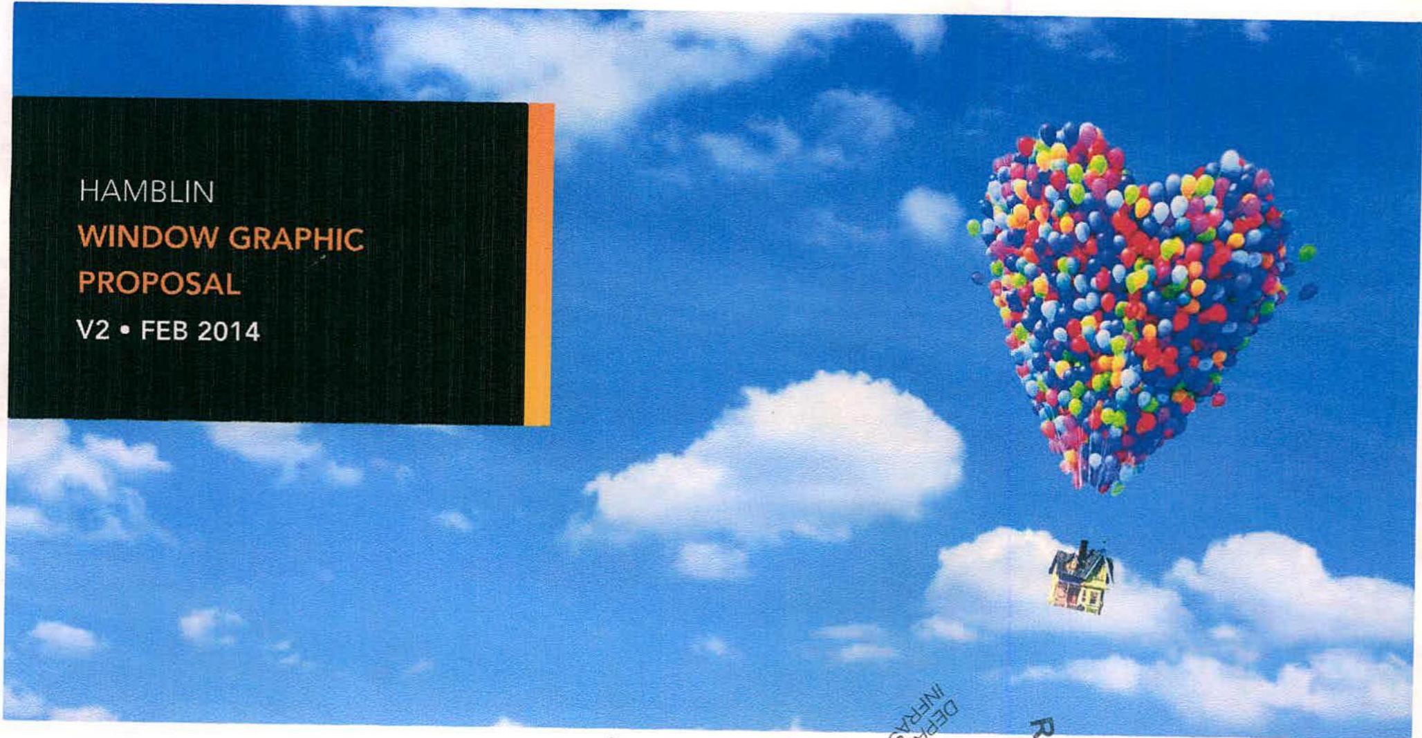 A document cover page for a window graphic proposal featuring a heart-shaped balloon house graphic against a blue sky.
