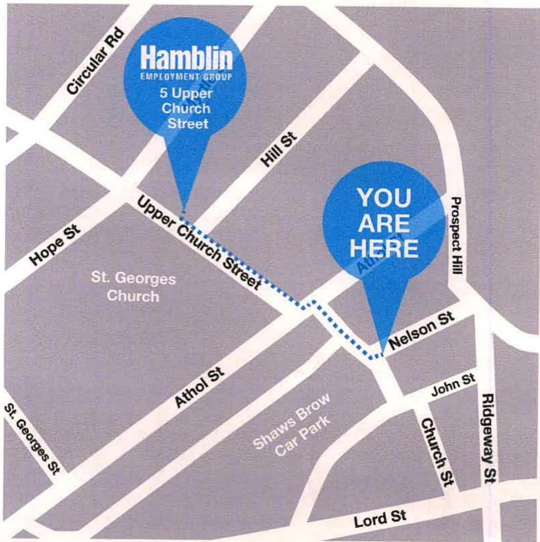 A location map showing the site at Upper Church Street with a dotted route from Hamblin Employment Group and nearby landmarks like St. Georges Church.