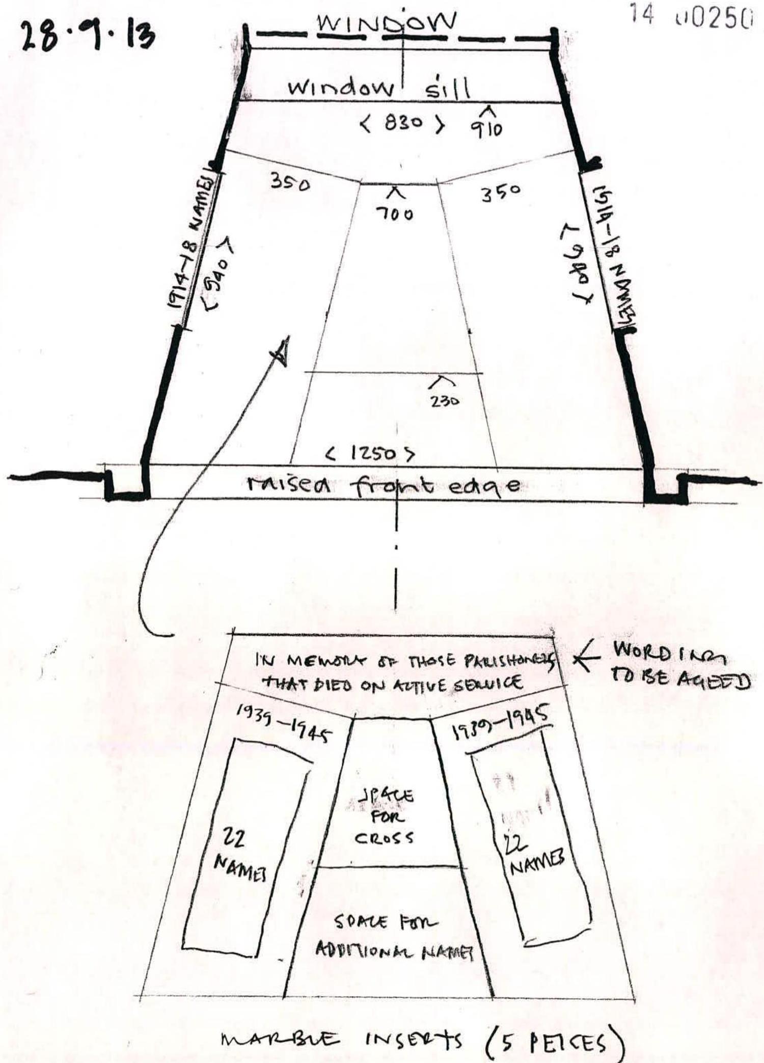A hand-drawn sketch detailing a memorial design with dimensions and inscription text for marble inserts.