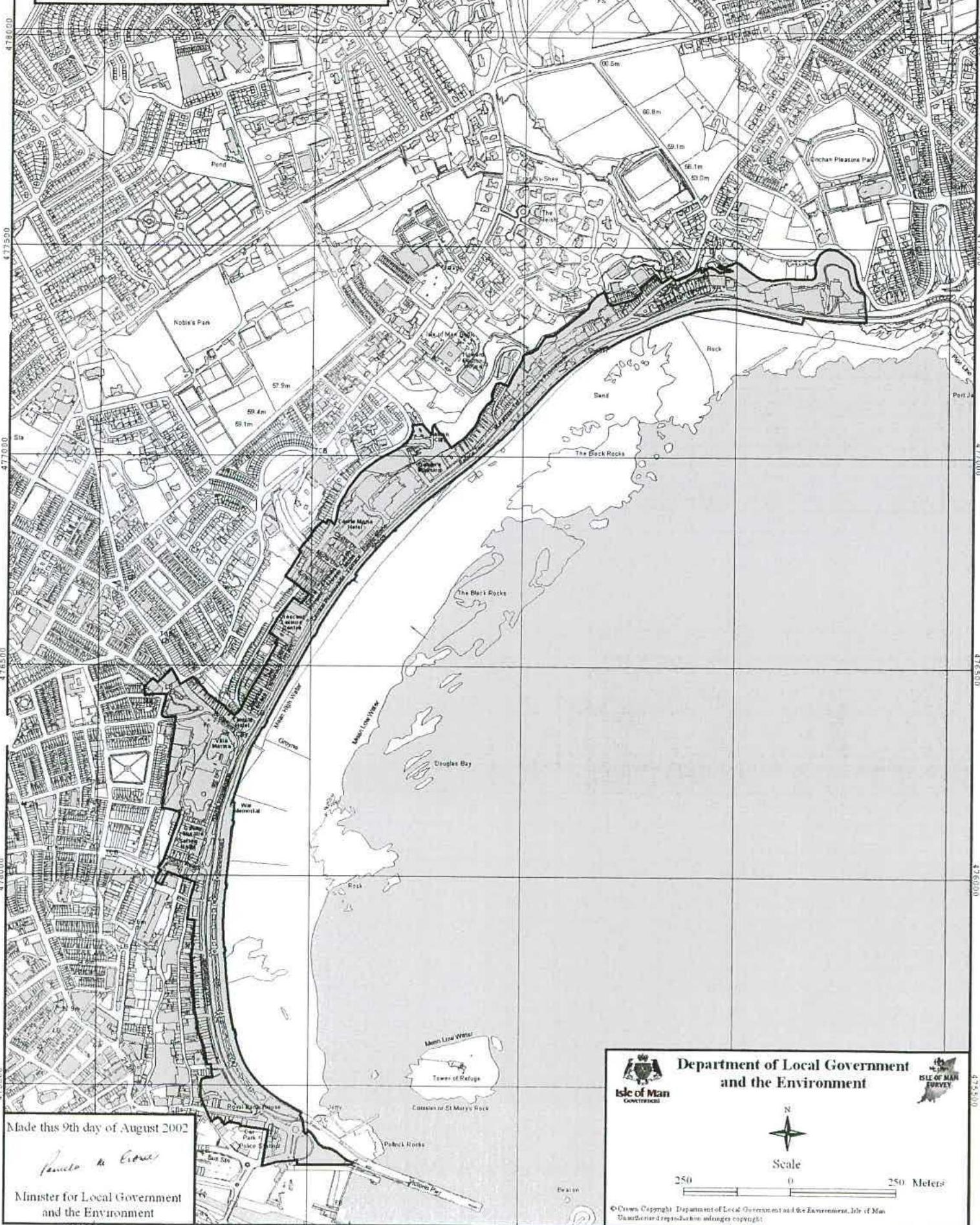 A black and white location map showing the Douglas Bay coastline with a highlighted site boundary along the promenade area.