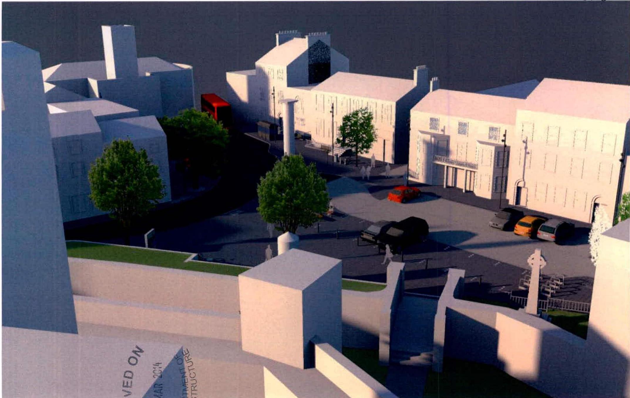 A photograph of a physical 3D architectural model depicting a town square with proposed highway improvements, parking bays, and landscaping.