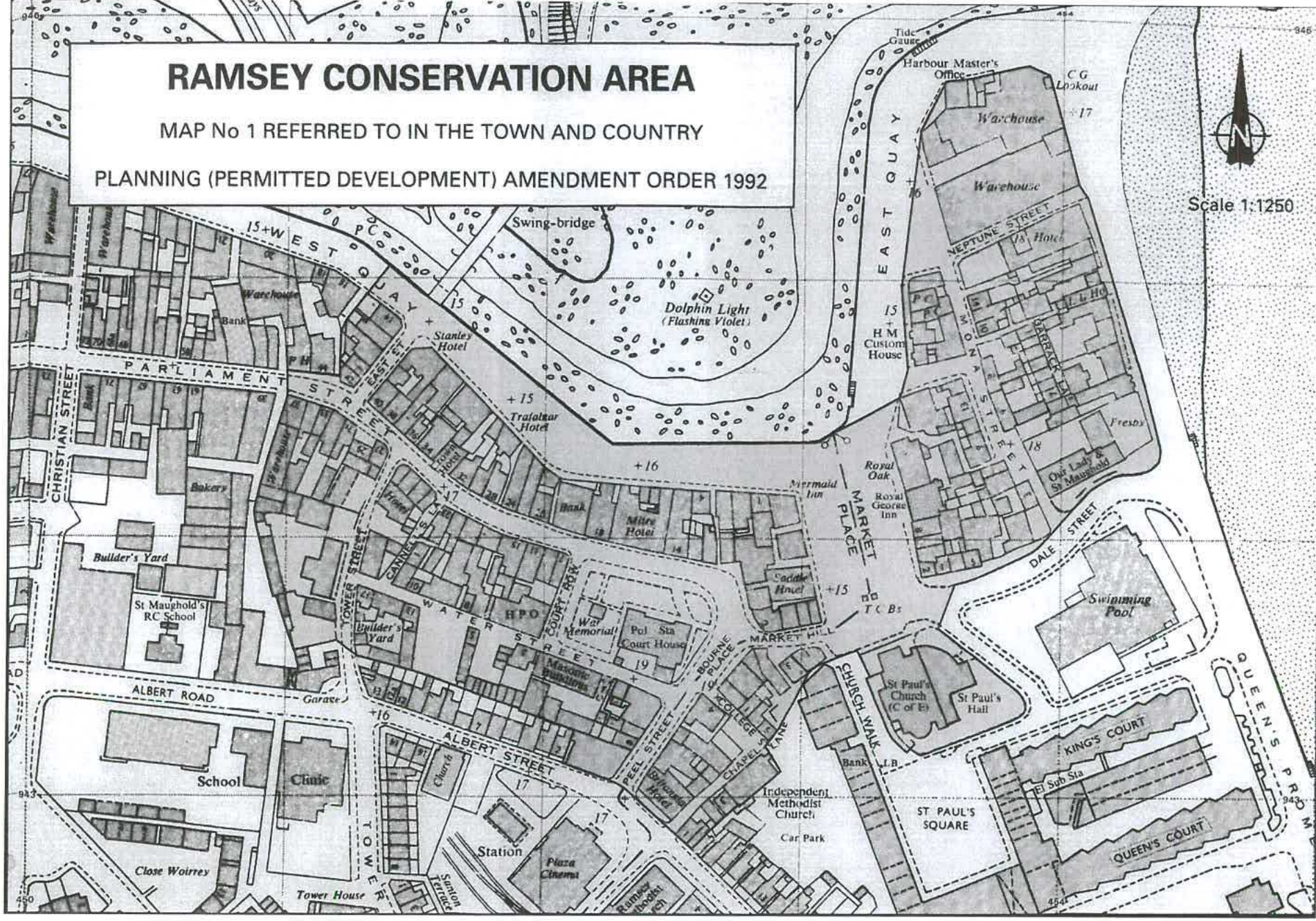 A black and white map titled 'Ramsey Conservation Area' detailing street layouts, building footprints, and the harbour.