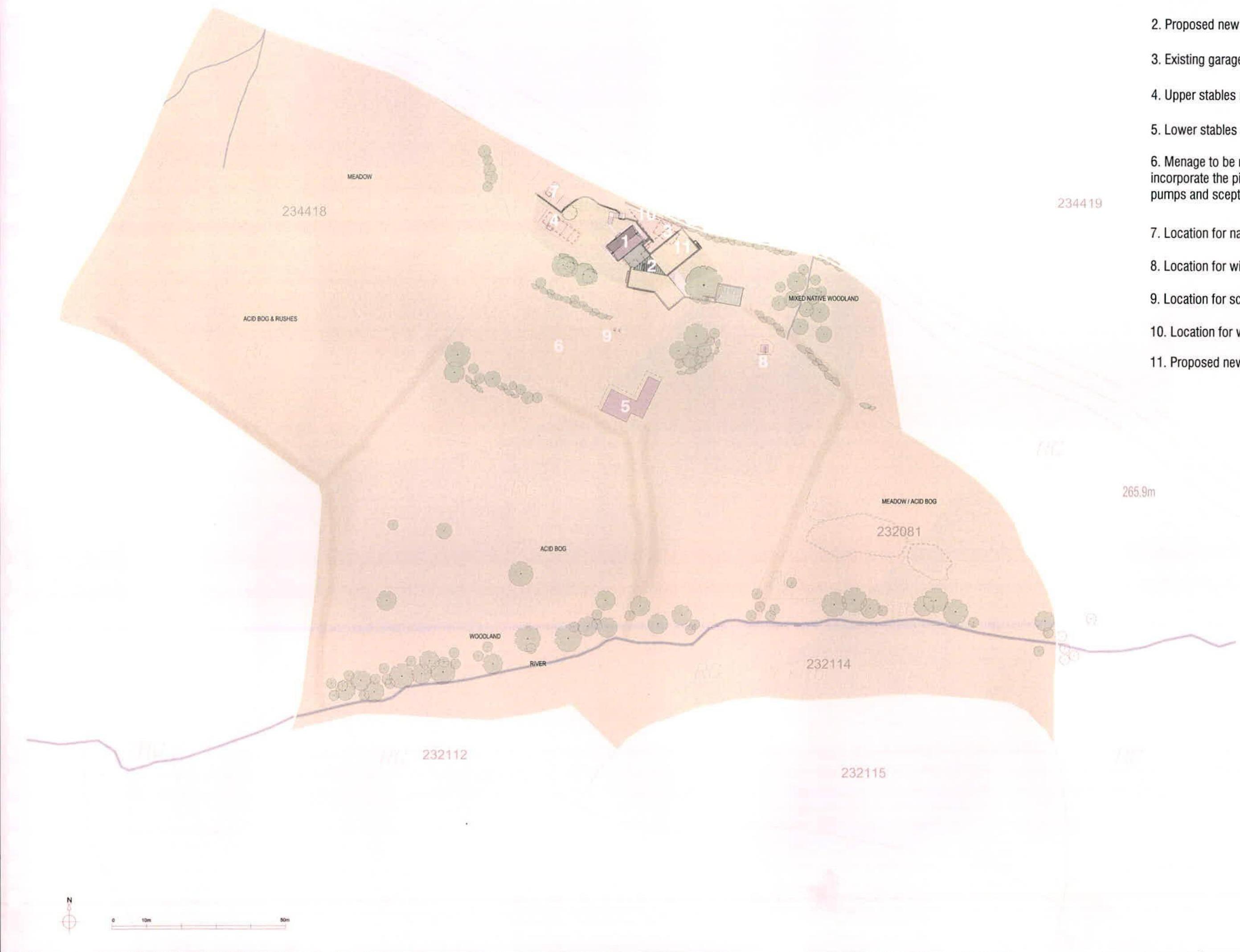 This image shows a site plan of a rural property, detailing existing features like meadows and woodlands, along with numbered locations for proposed and existing structures.