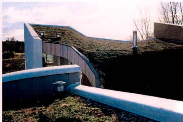 A photograph showing a modern building with a distinctive green vegetated roof and curved concrete walls.