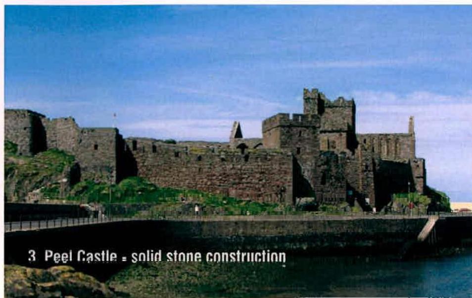 A photograph of Peel Castle, a historic stone fortress situated on a rocky outcrop by the water, with text overlay identifying it as solid stone construction.