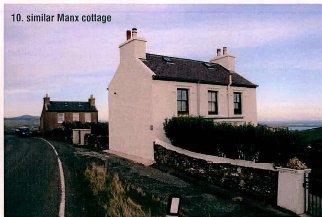 A photograph of a white two-story cottage with a slate roof and chimneys, labeled '10. similar Manx cottage', situated on a slope with a stone wall and another building in the background.