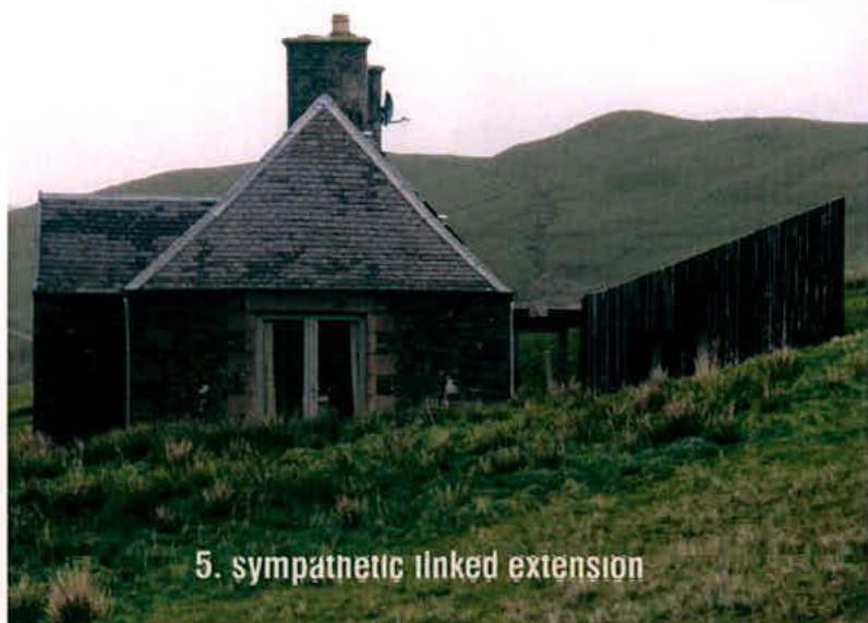 A photograph of a stone cottage with a slate roof situated in a rural, hilly landscape, featuring a dark wooden structure to the right labeled 'sympathetic linked extension'.