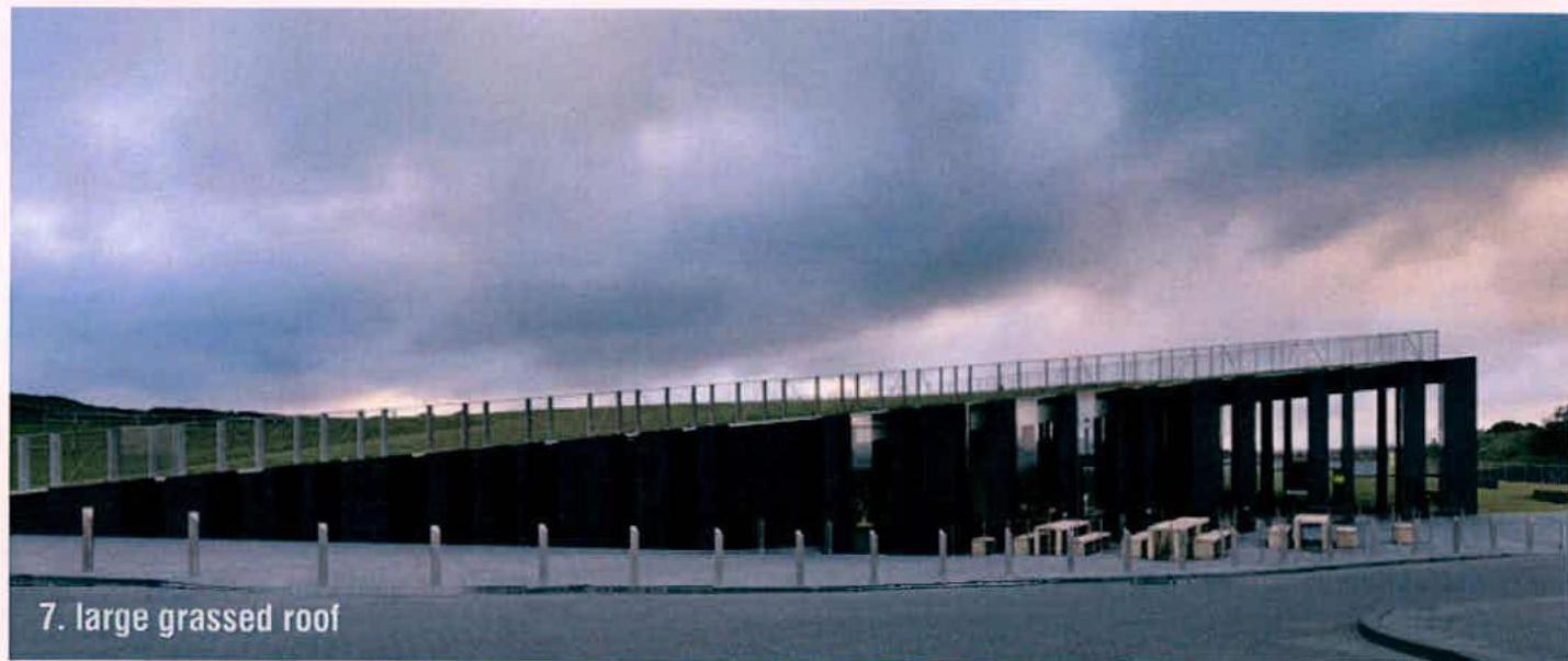 Architectural rendering of a modern building featuring a large grassed roof and dark vertical cladding, likely a proposed extension.