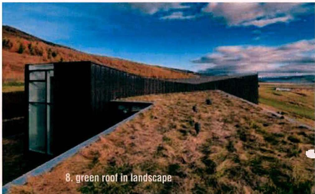 A photograph showing a modern building structure with a vegetated green roof integrated into a grassy hillside landscape.