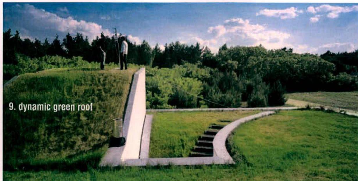 An architectural rendering or perspective view of a proposed green roof structure with grassy slopes and concrete retaining walls, labeled 'dynamic green roof'.